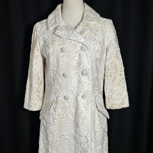 AWESOME Vintage Sandra Sage 1960s Mod Ivory Floral Tapestry Chenille Carpet Coat - Picture 1 of 15